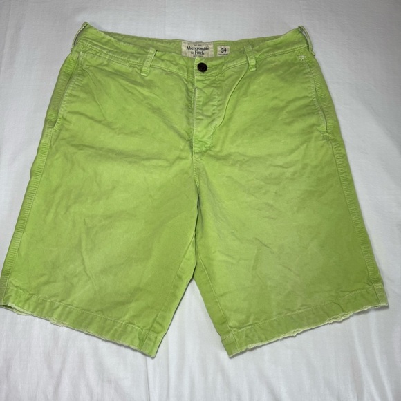 Abercrombie & Fitch Chino Button Fly Lime Green Shorts Mens 34 Distressed Y2K - Picture 1 of 10